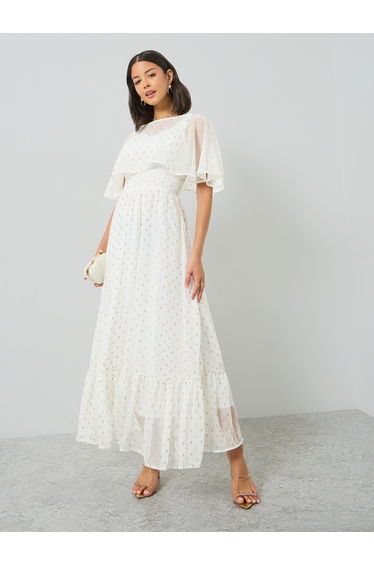 White Lurex Foil Cape Sleeve Maxi Dress