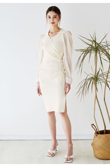 Sheer Sleeve Cold-Shoulder Bodycon Knit Dress in Cream