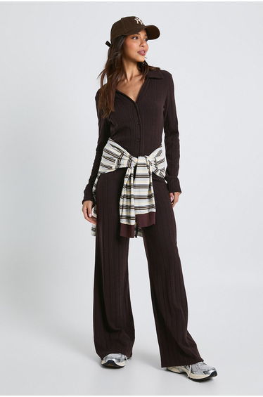 Brushed Rib Wide Leg Trouser - chocolate