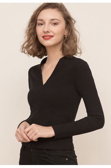 Elegant V-Neck Soft Fitted Top in Black