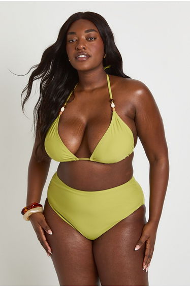 Plus Triangle Beaded Top & High Waist Bikini Set - olive