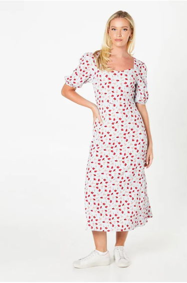 Ditsy Floral Sweetheart Neck Midi Dress