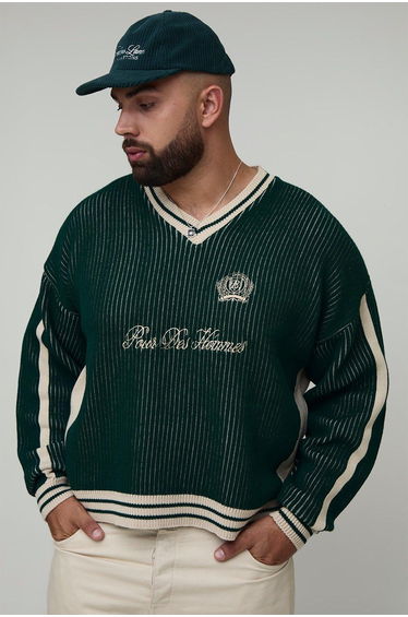Plus Knitted Embroidered V Neck Football Top - forest
