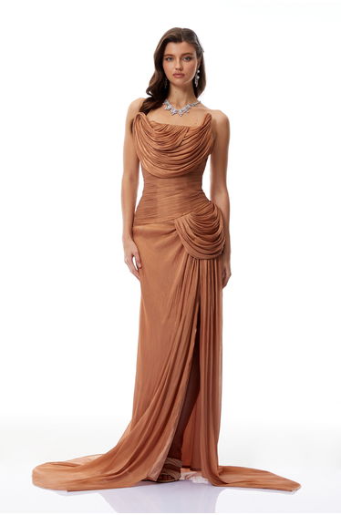 Gelsomina Gold Asymmetrical Glossy Gathered Maxi Dress