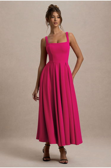 Parina | Hot Pink Strappy Volume-Hem Maxi Dress