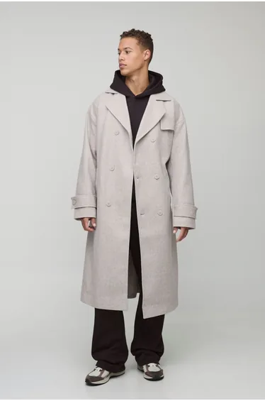 Tall Oversized Double Breasted Trench Overcoat In Stone - stone