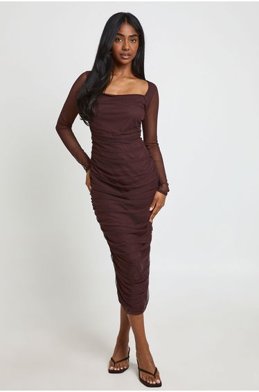 Square Neck Ruched Mesh Midaxi Dress - espresso