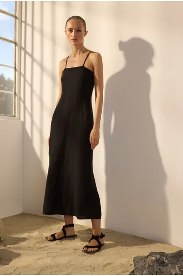 Black 100% Linen Basic Dress