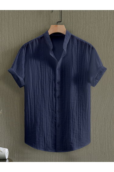 Men Navy Blue Textured Mandarin Collar Shirt