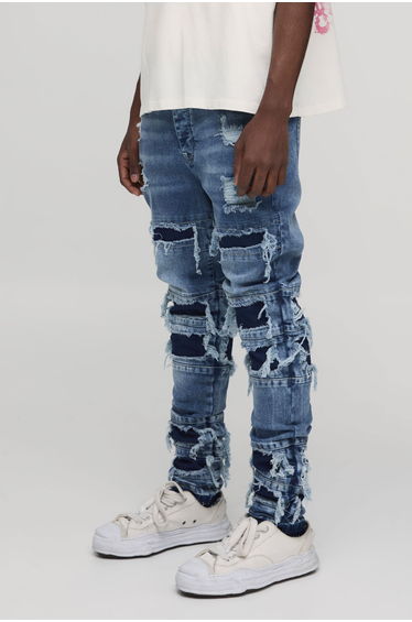 Stacked Skinny Rip & Repair Washed Jeans - light blue