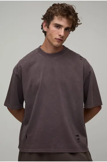 Washed Chocolate Oversized Boxy Dragon Print Distressed T-Shirt - washed chocolate