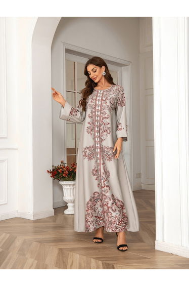 Floral Print Embellished Faux Pearl Detail Jalabiya