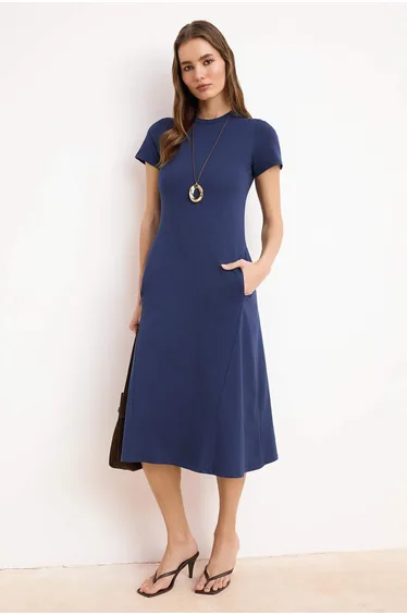Navy Blue Plain T-Shirt Dress Pocket Detailed Midi Stretchy Knitted Dress