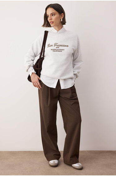 Gray Melange Slogan Embroidered Crew Neck Knitted Sweatshirt