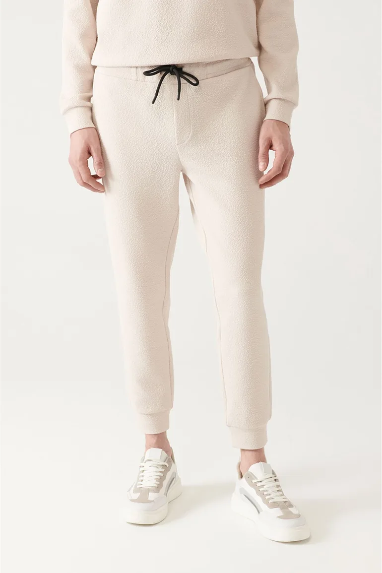 Men's Beige Waist Lace-up Legs Elastic Jacquard Cotton Breathable Standard Fit Regular Cut Jogger - 1
