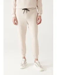 Men's Beige Waist Lace-up Legs Elastic Jacquard Cotton Breathable Standard Fit Regular Cut Jogger - 1