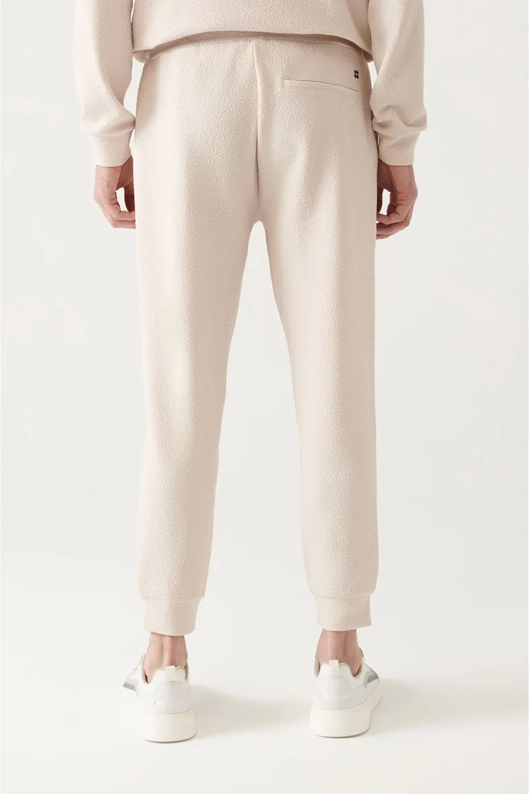 Men's Beige Waist Lace-up Legs Elastic Jacquard Cotton Breathable Standard Fit Regular Cut Jogger - 5