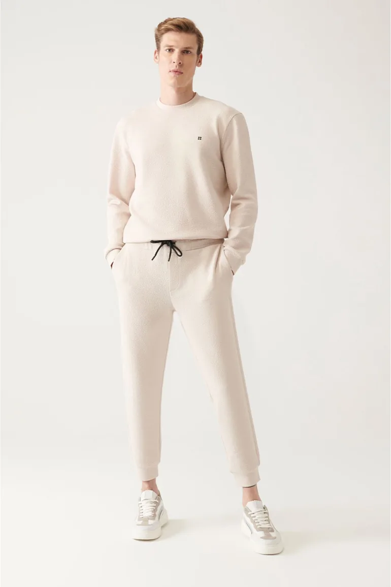 Men's Beige Waist Lace-up Legs Elastic Jacquard Cotton Breathable Standard Fit Regular Cut Jogger