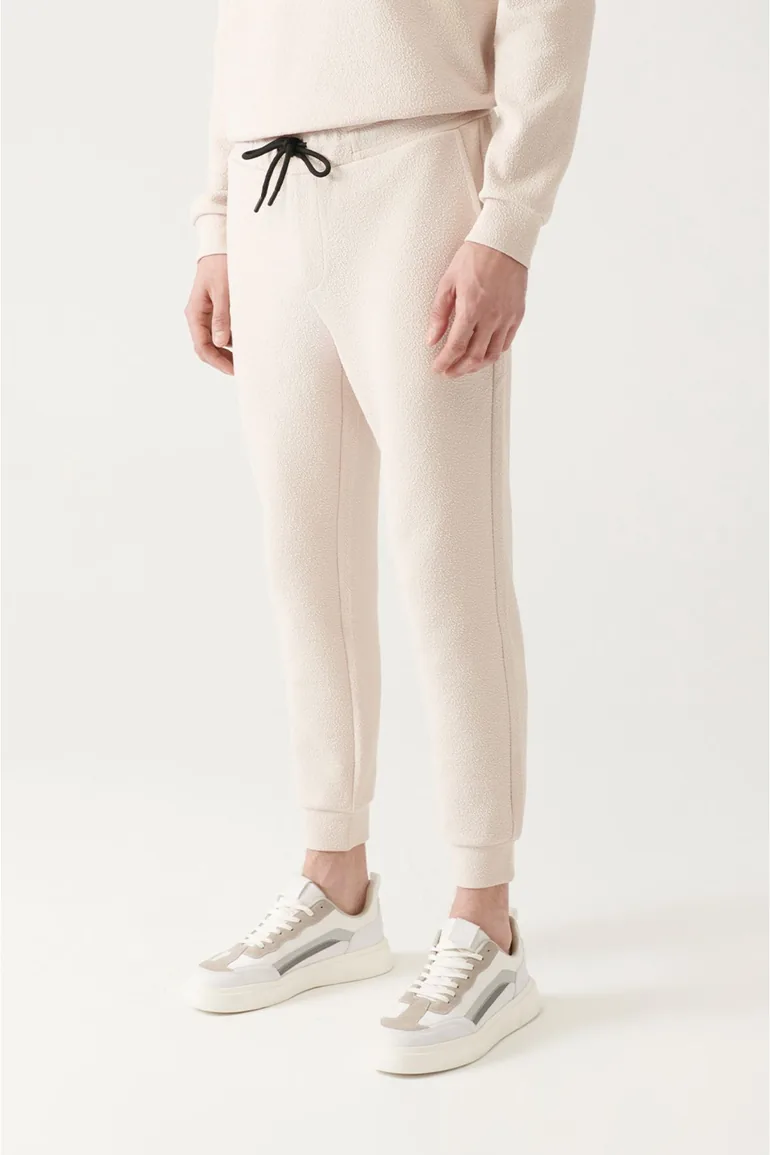 Men's Beige Waist Lace-up Legs Elastic Jacquard Cotton Breathable Standard Fit Regular Cut Jogger - 2