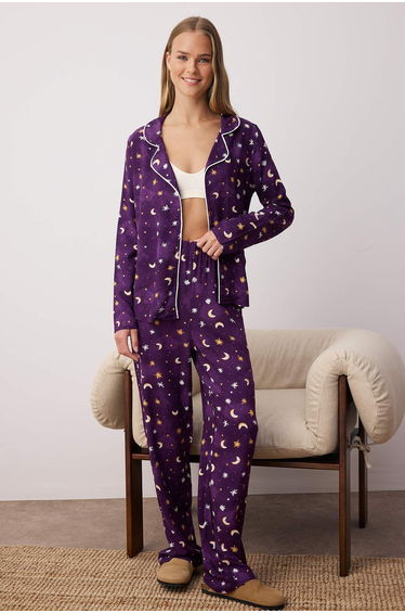 Purple Galaxy Patterned Viscose Shirt-Pants Woven Pajama Set