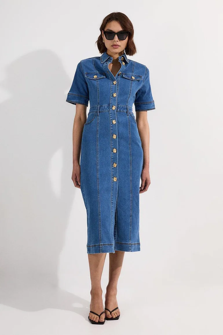 Denim Button Front Short Sleeve Pencil Midi Dress Karen Millen : Day Dresses : VogaCloset Jordan Denim Button Front Short Sleeve Pencil Midi Dress Karen Millen : Day Dresses : VogaCloset Jordan