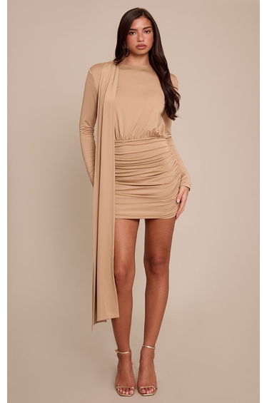 Beige Soft Touch Ruched Drape Mini Dress