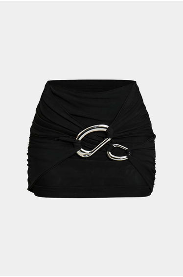 Ruched Asymmetrical Metallic Decor Mini Skirt