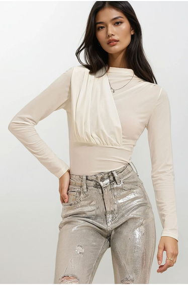 Women's Ecru Standing Collar Draped Sandy Bodysuit with Snap Button