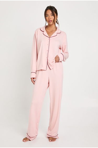 Jersey Piping Detail Long Sleeve Shirt & Trousers Pyjama Set