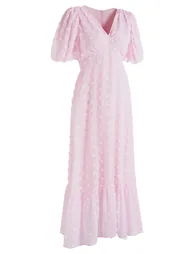 Bubble Sleeve Tie-Waist Swiss Dot Chiffon Dress in Light Pink for Bridal Showers & Weekend Outings - 9
