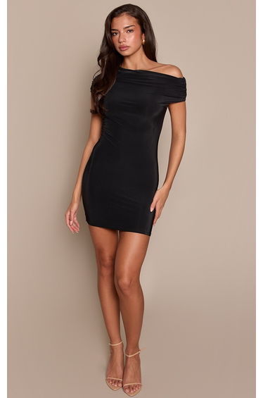 Black Double Layer Slinky Asymmetric Ruched Shoulder Mini Dress