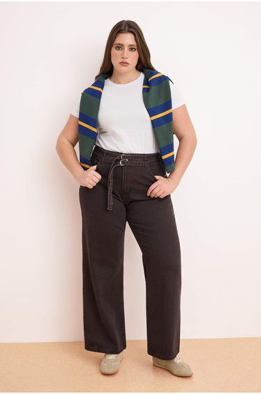 Brown High Waist Belt Detailed Wide Leg 100% Cotton Plus Size Jeans