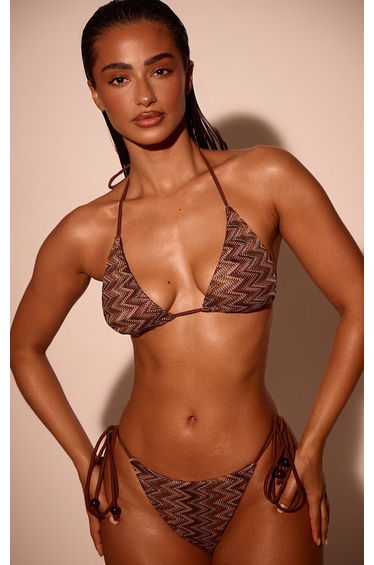 Brown Jacquard Tie Side Bikini Bottoms