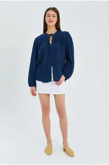 Mixray Long Sleeve Relaxed Fit Blouse with Tie-Neck