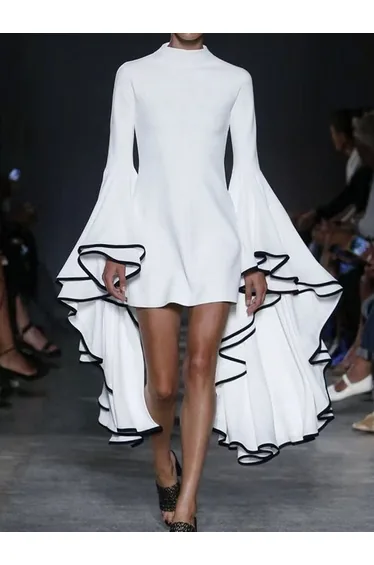 Flared Sleeves Long Sleeves Solid Color Stand Collar Mini Dresses