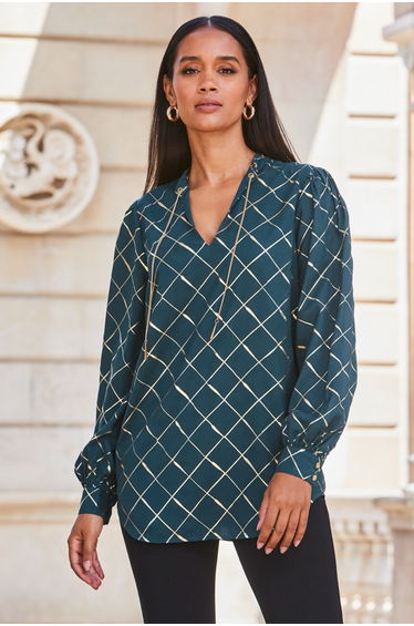 Green & Gold Check Print Chain Lace Up Blouse