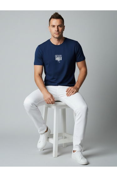 Men Navy Blue Crew Neck Graphic Print T-Shirt
