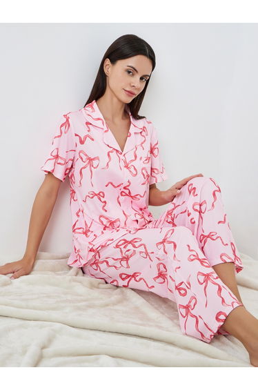 Women Bow Print Buttoned Shirt and Pyjama Set