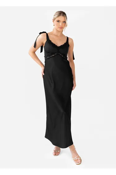 Maya Black Tie-Shoulder Strappy Satin Midaxi Dress