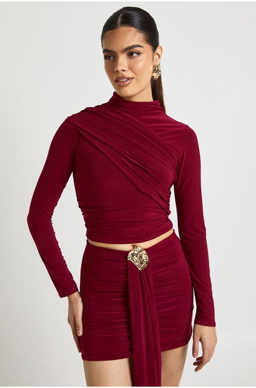 Double Layer Slinky High Neck Wrap Long Sleeve Top - burgundy