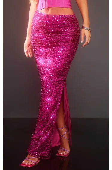 Hot Pink Sequin Ruched Waist Maxi Skirt