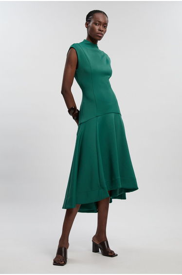 Scuba Dipped Ruffle Hem Woven Maxi Dress