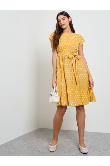Yellow Polka Dot Print Bow Tie-Up Knee-Length Dress