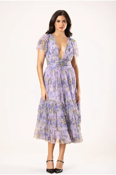 فستان ميدي تول مزموم بطبعة - أرجواني