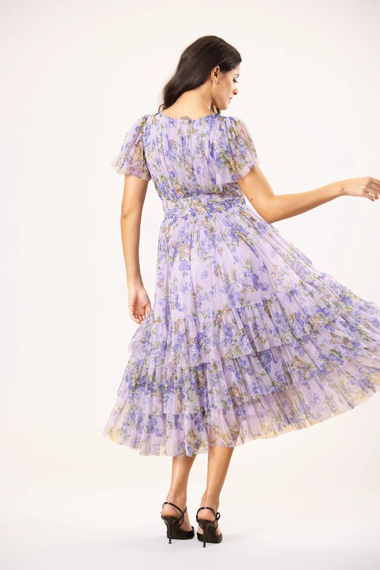madison tulle midi dress Smocked Madison Tulle Midi Dress in Lilac Print UK20 / Lilac Print