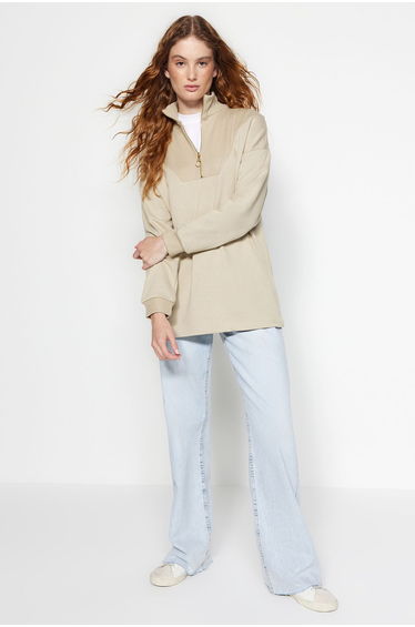 Stone Sleeve and Collar Detail, Zippered Knitted Sweatshirt .