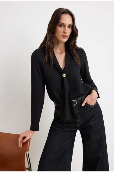 Black Woven Blouse with Accessory and Scarf Detail