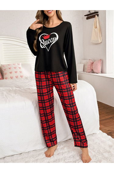 Graphic Print Long Sleeve T-Shirt and Checked Pyjama Set