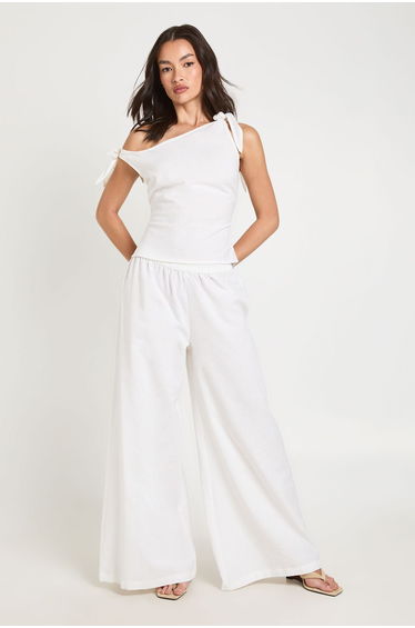 Linen Look Tie Shoulder Top & Extreme Wide Leg Trouser Co-ord - ecru