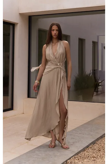 Natural Texture V Neck Belt Shift Dress